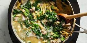 One-pot pasta in progress,with sausage chunks and broccolini.