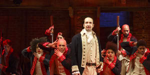 Lin-Manuel Miranda performs with members of the cast of the musical Hamilton in New York in 2016.