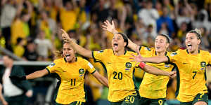 Sam Kerr leads Mary Fowler,Caitlin Foord and Steph Catley to celebrate the Matildas’ victory after a record-breaking penalty shootout.