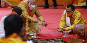 Indian Prime Minister Narendra Modi performs the groundbreaking ceremony of a temple dedicated to the Hindu god Ram,in Ayodhya,India.