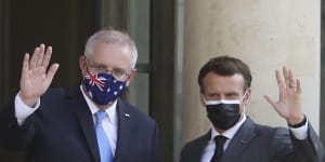 Au revoir to the new special relationship? Scott Morrison with French President Emmanuel Macron in June.