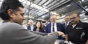 Albanese with Tony Burke,Terri Butler and Jim Chalmers at Tritium,a EV battery manufacturer in Murarrie,Queensland.