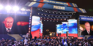 President Vladimir Putin speaks at celebrations in Moscow marking the “incorporation” of four Ukrainian territories into Russia.