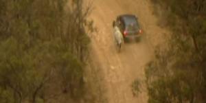 Footage taken from a Channel 9 helicopter shows a horse being led by the reins as people escape in a convoy of vehicles.