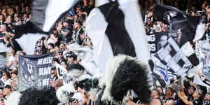 The Collingwood cheer squad at home in the Ponsford Stand.