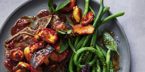 Steaks with warm Asian mushroom salad and snake beans.