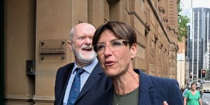 Emma Alberici (right) arrives to give evidence at the LGBTIQ hate crimes inquiry in Sydney,