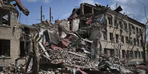 Destroyed houses are seen after Russian shelling in Soledar,Donetsk,this week.