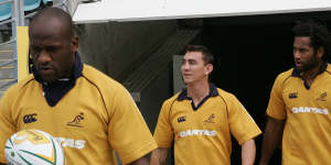 Code hoppers Wendell Sailor and Mat Rogers with Lote Tuqiri (right) in 2005.