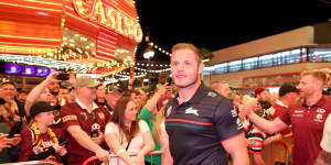 The Rabbitohs’ Thomas Burgess greets fans during the NRL season launch at Fremont Street,Las Vegas.