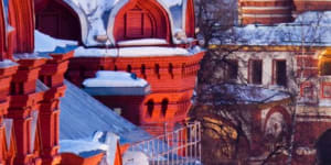 St.Basil Cathedral at Red Square in Moscow from top of the Ritz-Carlton hotel.