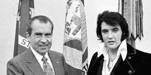 Then US president Richard Nixon meets with Elvis Presley at the White House on December 21,1970.