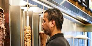 Meat is hand-carved off the spit at The Yeeros Shop.