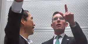 Premier Dominic Perrottet with Iwatani Corporation’s Yukio Awazu at the company’s liquified hydrogen tanks in Tokyo.
