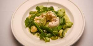 Spring salad of broad beans,sugar snaps and hazelnuts with burrata.