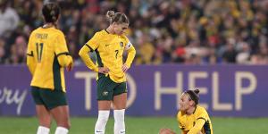 ADELAIDE,AUSTRALIA - MAY 31:Caitlin Foord of Australia reacts after an injury during the international friendly match between Australia Matildas and China PR at Adelaide Oval on May 31,2024 in Adelaide,Australia. (Photo by Cameron Spencer/Getty Images)