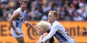 In the spotlight:Jack Ginnivan earned a high-contact free kick from this Jaidyn Stephenson tackle.