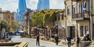 The inner city of Baku with the Flame Towers in the background.