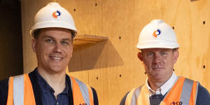 Inner West mayor Darcy Byrne,r,with the CEO of Nightingale Housing Dan McKenna visiting the affordable housing project at Marrickville that is nearing completion.