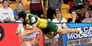 Matt Burton dives over for a try in last month’s PM’s XIII clash with Papua New Guinea.