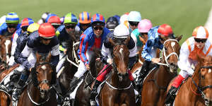 Vow And Declare,with jockey Craig Williams,far right,leads on the barrier. 