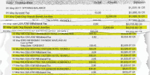 Transactions from Anthony Koletti’s Paws Off Productions bank statement showing large cash deposits and bank transfers,and ATM withdrawals.
