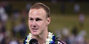 Daly Cherry-Evans during the presentation for his 300-game milestone at WIN Stadium.