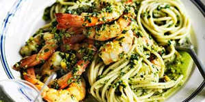Spaghetti with prawns,basil and pistachios.