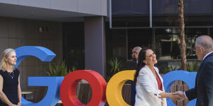 Google Australia managing director Mel Silva greets Prime Minister Scott Morrison at the company’s Sydney offices.
