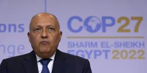 Sameh Shoukry,president of the COP27 climate summit,speaks at the summit on Saturday.
