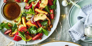 Julia Busuttil Nishimura’s heirloom tomato salad with peaches,mint and almonds.