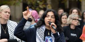 Melbourne University student Dana Alshaer speaks at a staff rally in solidarity with the pro-Palestine protest camp on Thursday.