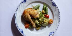 Chef Ben Greeno’s roast chook with zucchini and grapes.