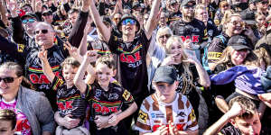 Penrith Power:Panthers fans celebrate with the NRL champions on Monday morning.
