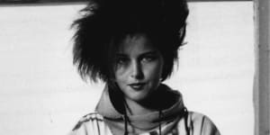 Model Kim Taylor in 1983 hard-times broadarrows.