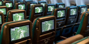 The economy class cabin onboard a Boeing 777 aircraft.