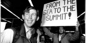 Tim Macartney-Snape arrives in Sydney after he successfully climbed Mt. Everest solo after starting from below sea level. A world first. June 1,1990. 