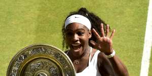 Serena Williams,for the sixth time,with the spoils at Wimbledon. 