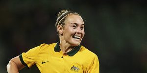 Caitlin Foord celebrates the final goal in Australia’s come-from-behind 3-1 win over Denmark.