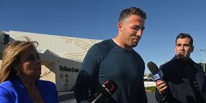 Sam Burgess leaves Rabbitohs headquarters after quitting the club as assistant coach last year.
