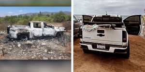 From left:A burnt-out ute found in the search for missing Perth brothers Jake and Callum Robinson in Mexico and a picture of the ute they were travelling in that Callum posted on Instagram.