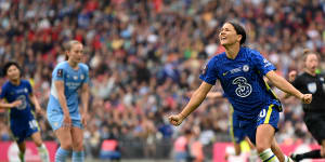 Sam Kerr celebrates after scoring for Chelsea in last year’s FA Cup final.