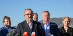 Prime Minister Anthony Albanese speaks during a press conference in Hobart on Saturday alongside Tasmanian Premier Jeremy Rockliff (second from right).