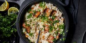 Crispy speck,prawn and lemon pilaf with herbs 