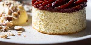 Baked ricotta,lemon and almond cake,quince,burnt honey custard.