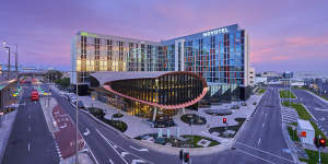 Novotel ibis Styles Melbourne Airport’s contemporary exteriors have a Jetsons feel.