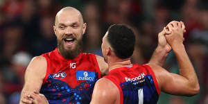 Steven May and Max Gawn celebrate a goal for the Demons.