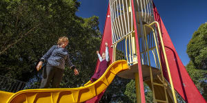 Rocket play equipment in Enmore Park with Ola Stepowski and her grandmother Susan Jackson-Stepowski. 