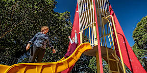 Rocket play equipment in Enmore Park with Ola Stepowski and her grandmother Susan Jackson-Stepowski.