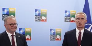 Australian Prime Minister Anthony Albanese speak with NATO Secretary General Jens Stoltenberg,right during the NATO summit.